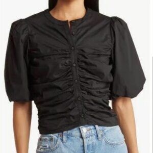 Walter Baker M Ruched Janet Top Black Button Cotton Puff Sleeved Poplin $158 New